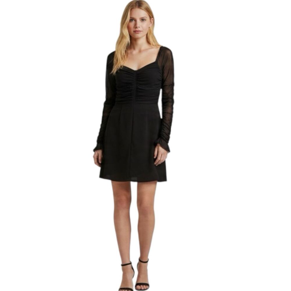 NWT Lulus Black Ruched Sheer Long Sleeve Mini Dress Size Large